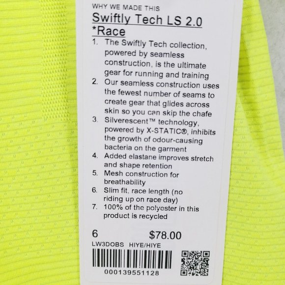 NWT LULULEMON Swiftly Tech Long Sleeve Shirt 2.0 Race HIYE Highlight Yellow Sz 6 - Picture 6 of 7